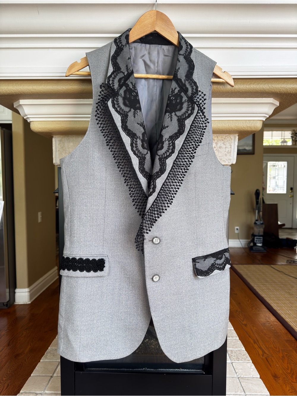 Vintage YSL Made in France Grey Wool Lace Trim Tailored‎ Vest